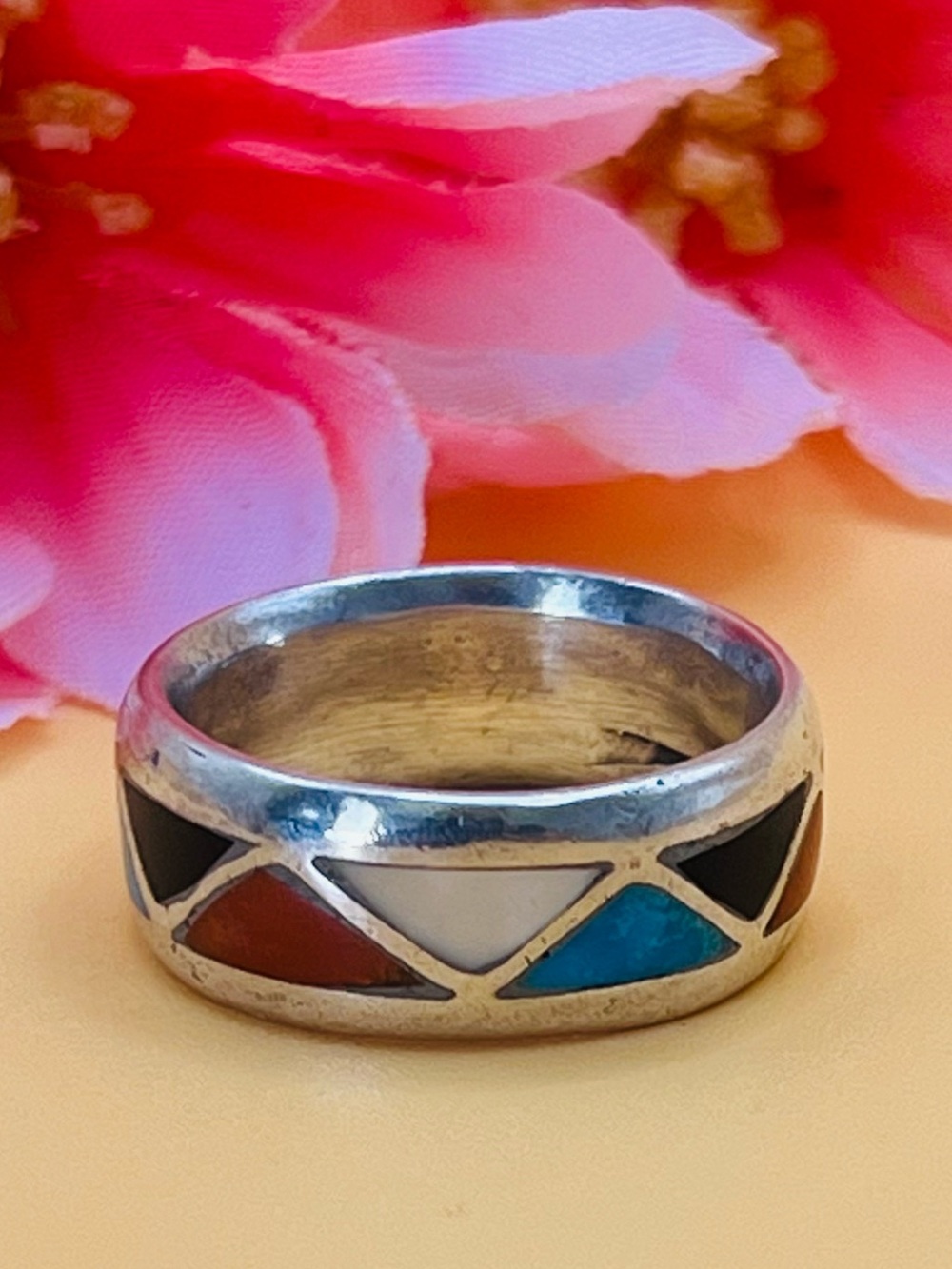 Vintage Silver Geometric Inlay thumb Ring size 8.5